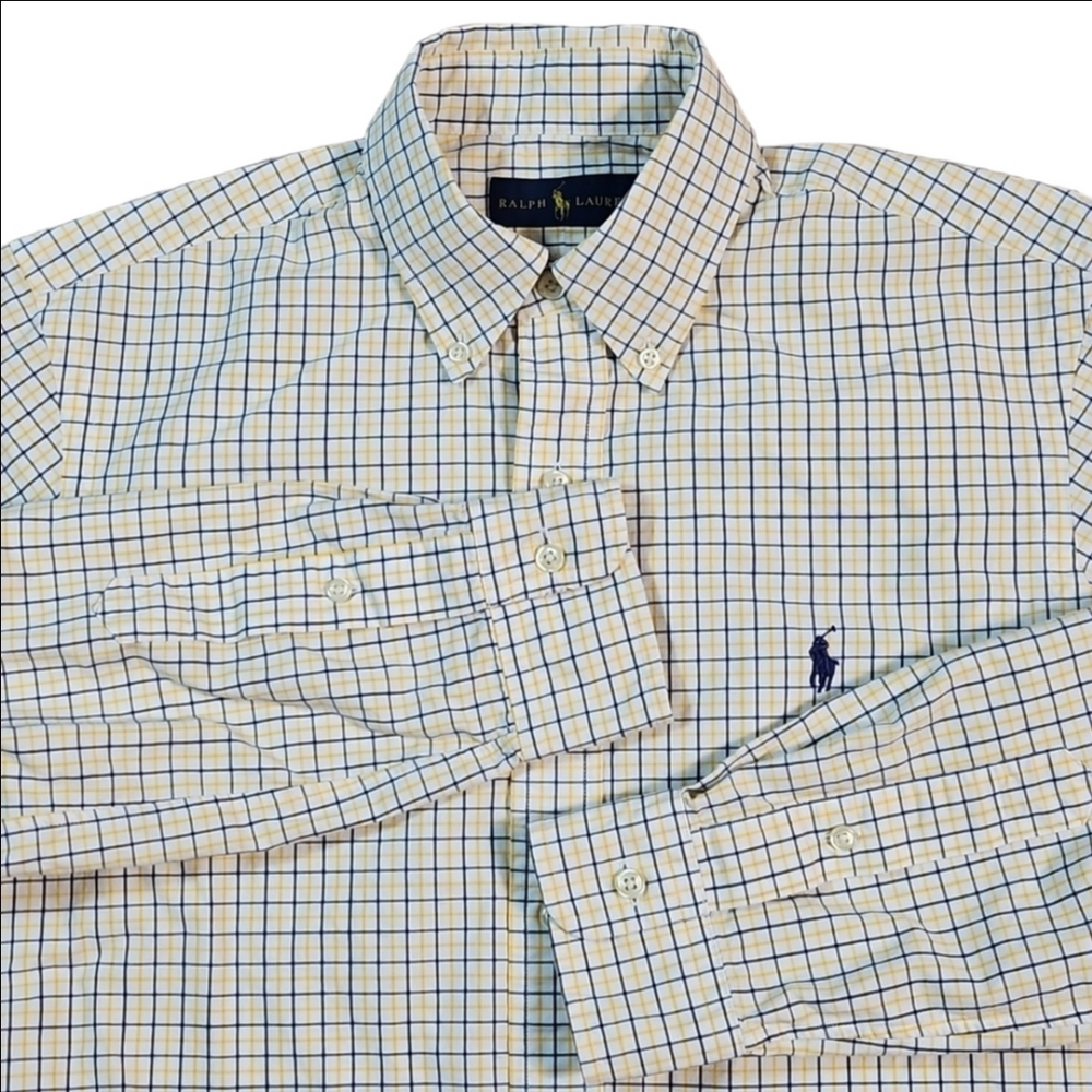 Ralph Lauren 100% Cotton Yellow Navy Check Plaid Long Sleeve Button Down Shirt - Picture 2 of 14